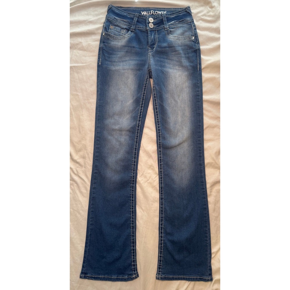 WallFlower Luscious Curvy Bootcut Jeans Womens 0 Blue Y2K Embroidered Streetwear